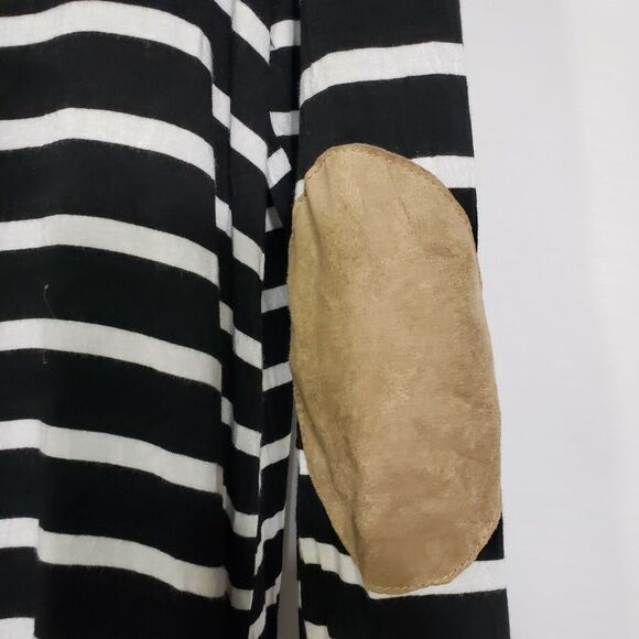 First Look Womens Tunic Top Large Black White Striped Knit Elbow Patches Pocket - Picture 6 of 9